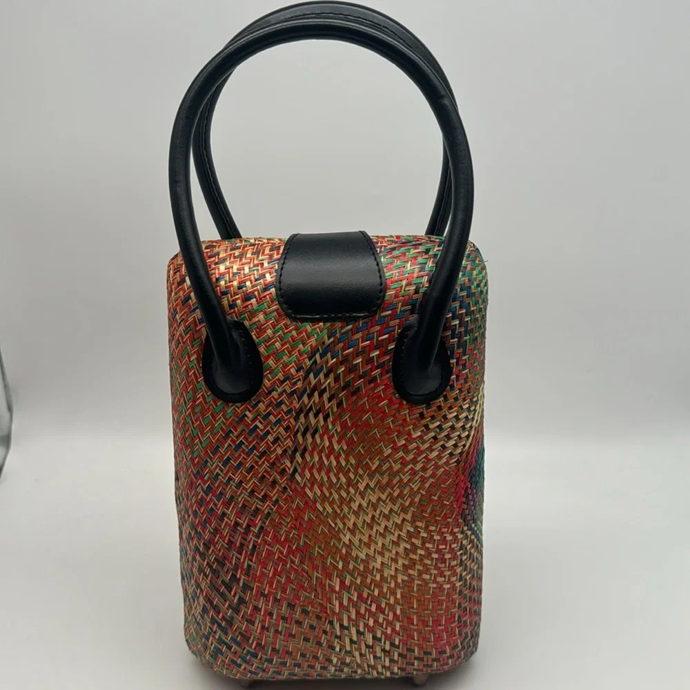 Vintage 70s Red Natural Straw Palm Leaf Rattan Rare Colorful Handbag Purse Bag - Picture 5 of 15